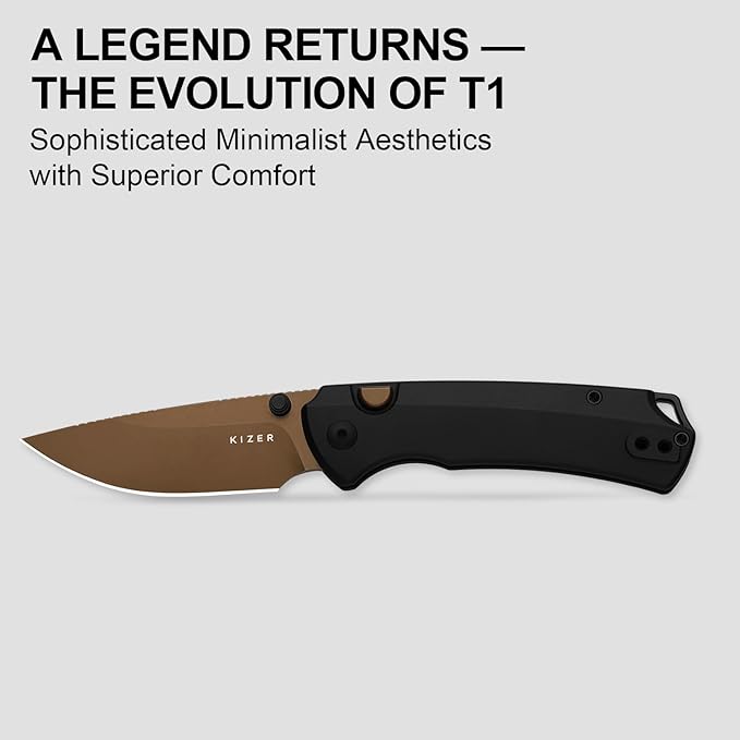 Kizer T1 BD EDC Pocket Knife 3.2Elmax Steel Drop Point Folding Knives with Titanium Handle Sunset Gold PVD&ampStonewashed Finish Thumb Stud Opener Button Liner Lock for Camping Hiking Ki3490.2B