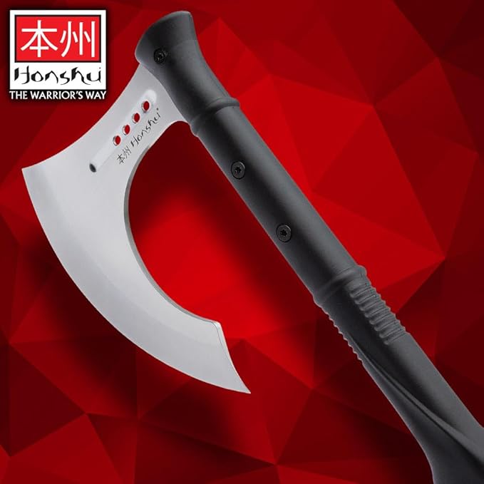HONSHU Karito Battle Axe with Leather Sheath - 7Cr13 Stainless Steel Blade Impact-Resistant Injection-Molded Nylon Handle EDM Textured - Tradition and Innovation - Great for Breaching - Length 27”