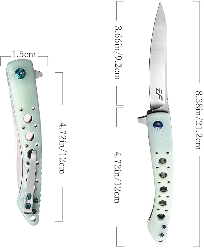 Eafengrow EF943 EDC Folding Knife D2 Steel Blade G10 Handle Flipper Knifes with Pocket Clip for Camping Hiking Survival Outdoor(jade)
