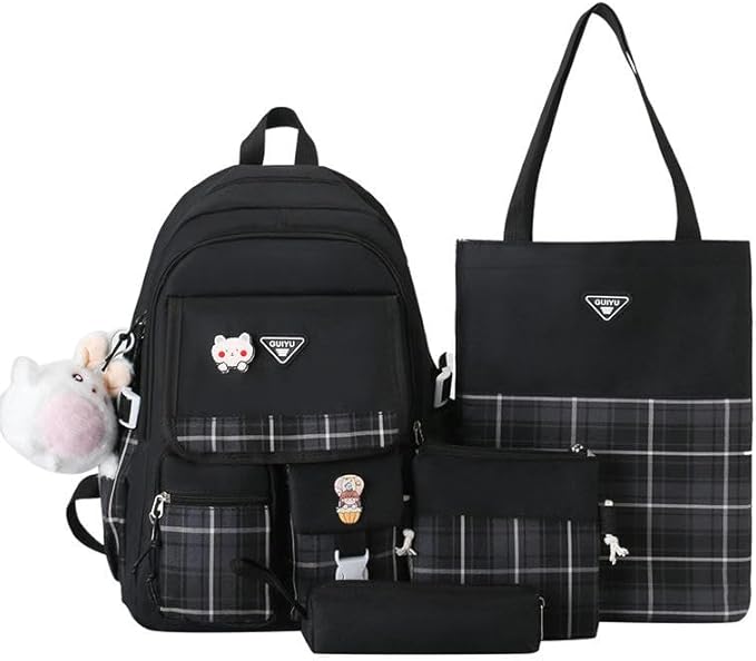 Rucksack Shoulder Bag Small Fresh Plaid Large Capacity Backpack Four Pieces Backpack Fashion Shoulder Bag Handbag