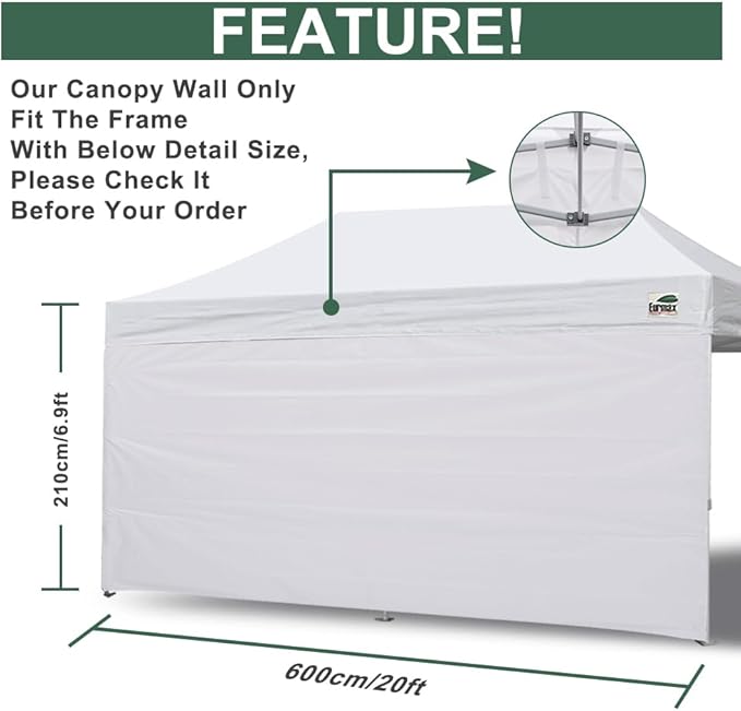 Eurmax USA 10x20 Pop Up Canopy SunWall-UV Protection for TentsBlocks Sunlight&ampWindWater Resistant Side Wall OnlyEasy Hook &amp Loop InstallationFit for 20FT Straight Leg Shelters&ampGazeboT