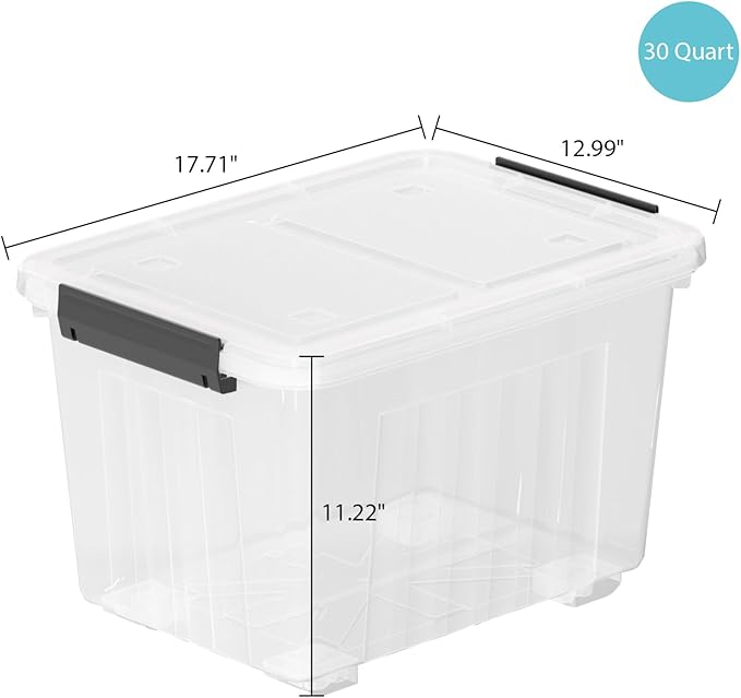 30 Quart 4 Pack Plastic Storage Bins with Latching Lids and Wheels Clear Latch Box Container