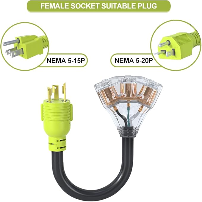 RV 30 Amp to 110 Adapter Generator Power Cord 3 Prong 30 Amp Adapter Plug to 20 Amp Twist Lock SocketNAMA L5-30P Male Plug to 3X 5-20R T-Blade Female10 AWG STW (1.5FT)