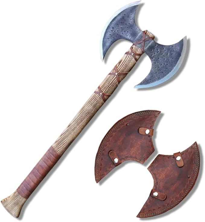 Hand Forged Carbon Steel Medieval Warrior Double Head Axe Viking Double Sided Axe with Ash Wood Handle and Leather Sheath Best for Hunting Camping and Collection