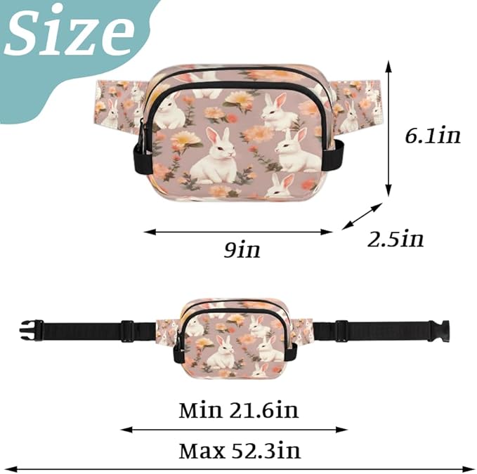 Watercolor Roses Rabbit Waterproof Fanny Pack for Women Men Adjustable Waist Bag with Double Zipper Pockets Lightweight Square Hip Pack for Running Travel Hiking Workout Cycling