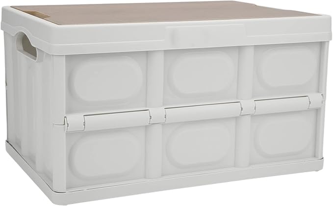 Alomejor 30L Storage Box Crate with Lid Folding Storage Box with Wooden Cover Panel for Home Outdoor(White)