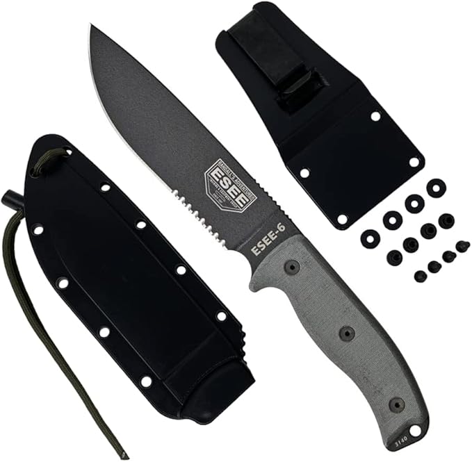ESEE Knives 6P Fixed Blade Knife w/Molded Polymer Sheath (Black Blade/Serrated Edge/Black Sheath)