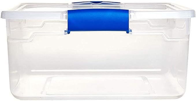 HOMZ 8-Pack Secure Latch Clear Plastic Storage Organizer Bins 15.5 Quart Blue Latches - Stackable Organizing Containers for Home Garage and Office