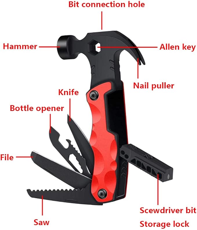 SagaSave Multitool Hammer Folding Survival Tool 9 in 1 Portable Multi Tool Pliers Hammer Survival Knife Wrench &amp More Camping Accessories for Gardening Hiking Outdoor
