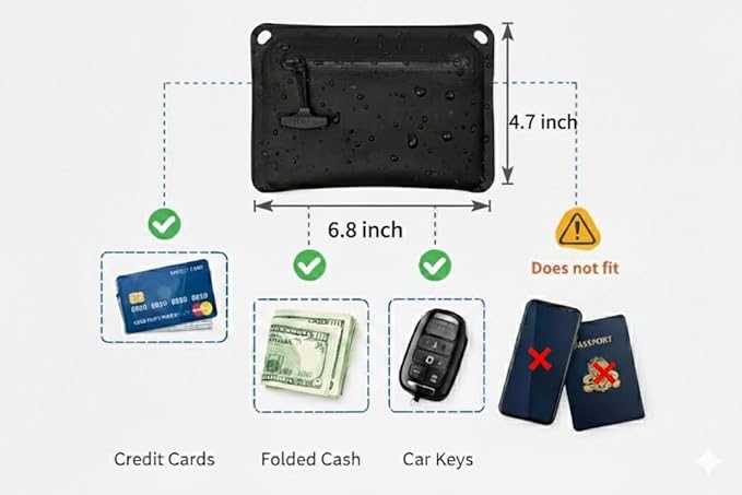Large Tactical IPX8 Waterproof EDC Wallet Pouch - Holds 10+ Cards Keys Cash - Heavy Duty Belt Loop &amp Dual Top Grommets(Black)