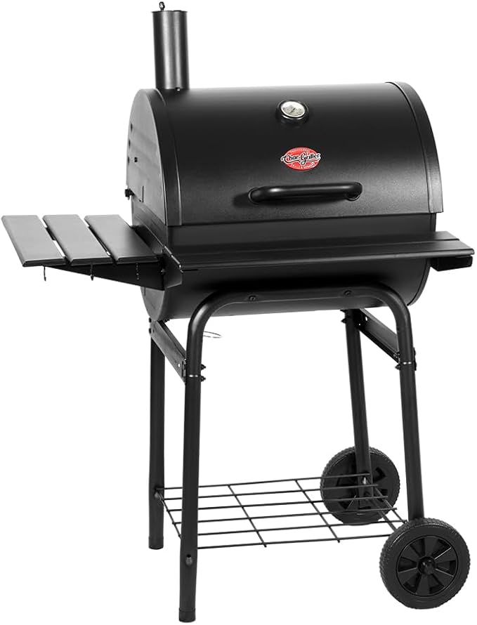 Char-Griller® Wrangler® Charcoal Grill in Black with Metal Shelves EasyDump™ Ash Pan Premium Wood Front and Side Shelves with Utensil Hooks 640 Cooking Square Inches in Black Model 2823