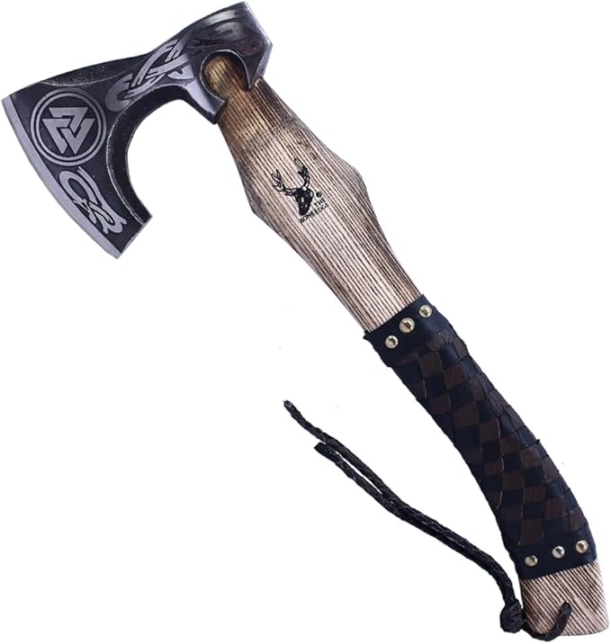 TheBoneEdge 17.5 Black &amp Brown Leather Wrapped Handle Steel Blade Hunting Axe with Sheath