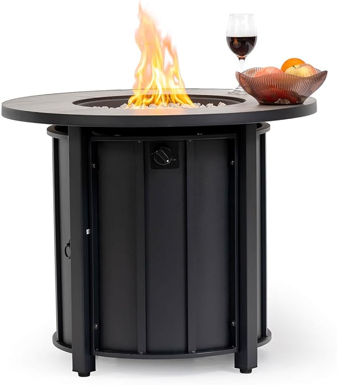 30'' Concrete Round Gas Fire Pit 50000 BTU Steel Outdoor Fire Tables Fire Table with Lid Add Warmth &amp Ambience to Gatherings and Parties On Patio Deck Garden BackyardWhite Glass Stone.