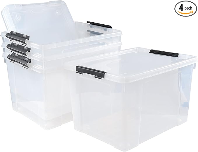 4 Pack Clear Storage Latch Bin with Lid 34 L Plastic Wheeled Storage Box