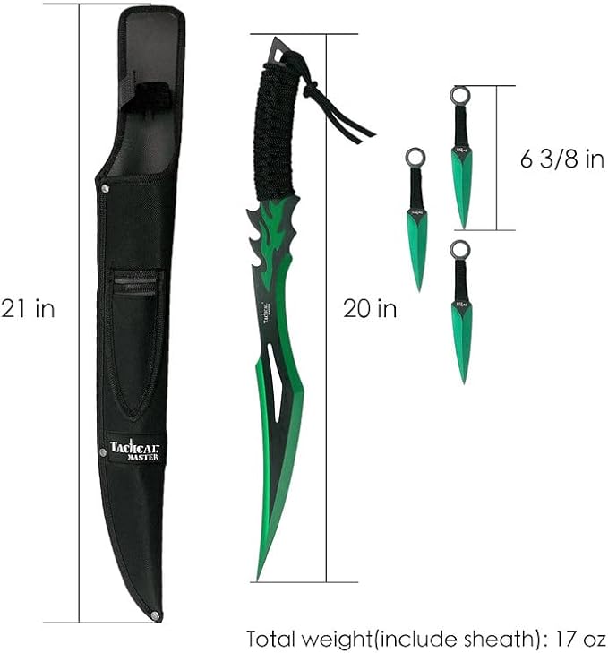 Tactical Flame Skull Machete with 3 Throwing Knives Set