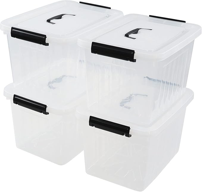 Wekioger 4 Pack 12 Quart Latching Storage Box with Handle Clear Lidded Tote Bin