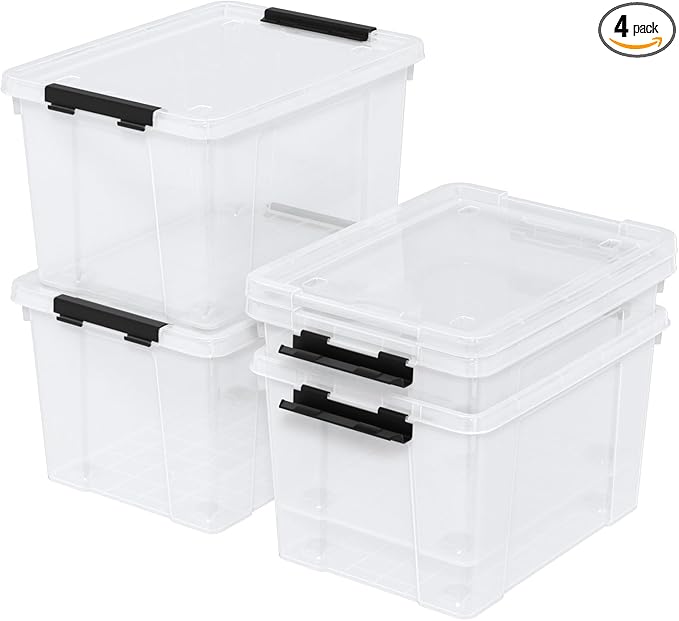 35 Quart Latching Storage Box with Wheels See-Through Base Plastic Container Bins with Secure Latching Lid Black Latch (4-Pack)