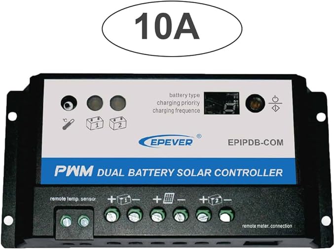 EPEVER EPIPDB-COM Series Dual Battery Solar Charge Controller 10A 12V/24V Auto Work for RVs Caravans and Boats etc Duo Battery Solar Charging System