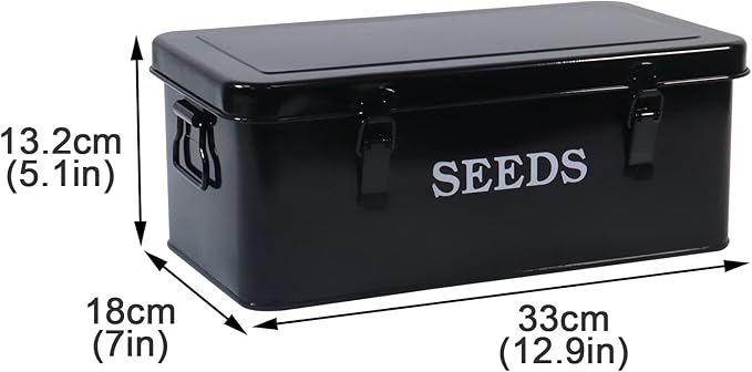 Seed Saving Box Metal Seed Bin Seed Storage Organizer Seed Packet Container with Lid Seed Envelope Storage Box 4 Compartments Garden Seed Bin with Safety Locks-Black