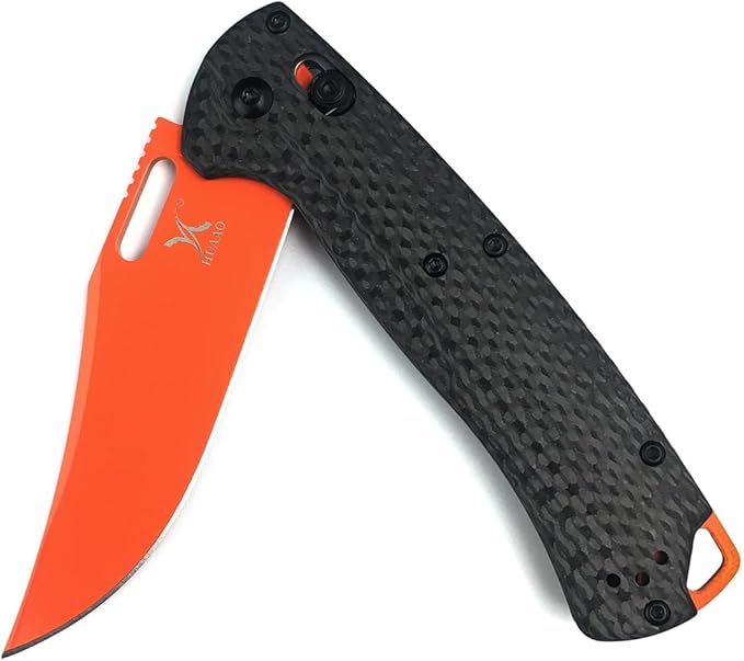 HUAAO Manual Open Folding Knife with 3.43’’ Orange D2 Blade Black Carbon Fiber Handle EDC Pocket Knife with Clip for Camping Hunting