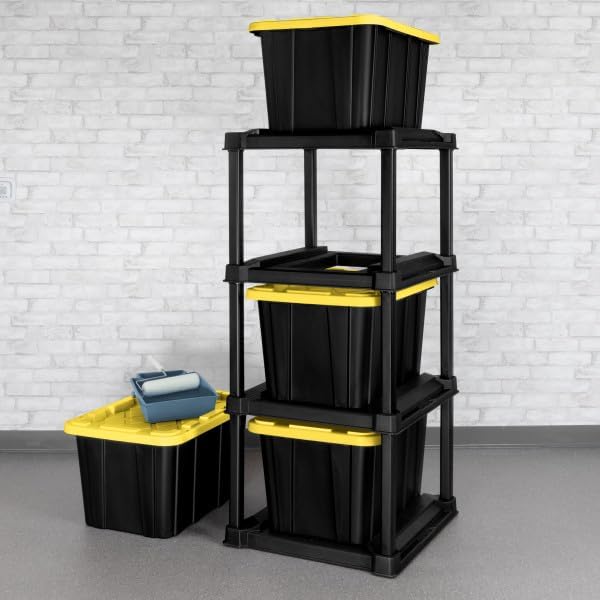 Sterilite 4 Tier Tote Rack Vertical Plastic Organizer with 4 Pack 27 Gallon Industrial Storage Totes Black - for Garages Workshops or Basements