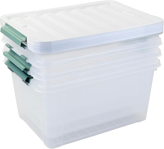 4-Pack Latching Lid Box Large Clear Plastic Storage Bins 35 Quart Green Latch Stackable Container Boxes for Home Bathroom Kitchen and Office Organization