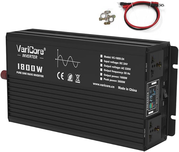 1800W Pure Sine Wave Inverter 24VDC to AC 220V Converter for Home RV Truck Camping Off-Grid Solar Power Inverter with LCD Display Showing Real-time Status Surge (24V-1800W)