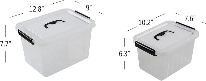 2 Packs Clear Storage Boxes with Lids 12 Quarts &amp 6 Quarts Plastic Latching Bins Totes