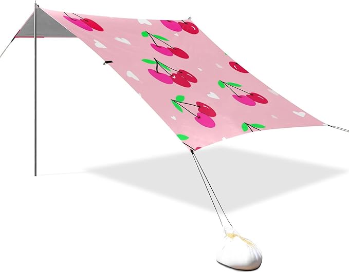 Beach Canopy with Windproof Ropes &amp Sandbags Beach Tent Sun Shade Sun Shelter for Camping Trips Fishing Backyard Fun or Picnics Cherry