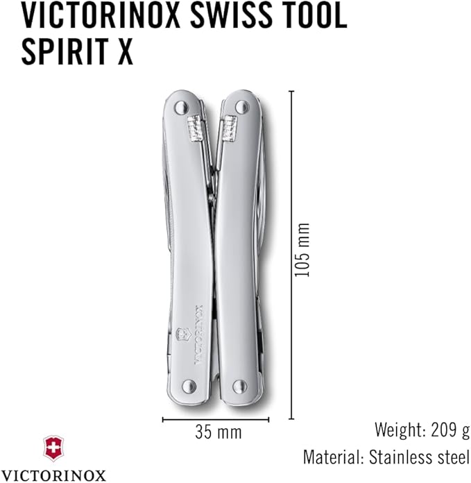 Victorinox Swiss Tool Spirit X Multi Tool 24 Function Swiss Made with Locking Blade and Long-Nosed Pliers and Leather Pouch - Silver