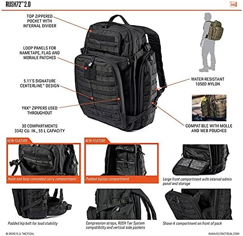 5.11 Tactical Backpack RUSH 72 2.0 Military Survival Molle Back Pack with Laptop Compartment Large 55L Multicam Style 56566ABR