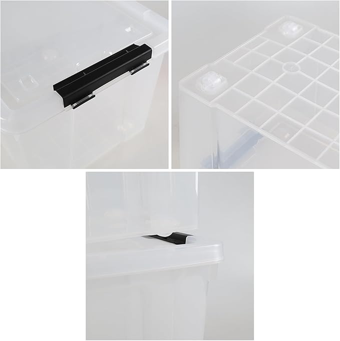 34 L Clear Plastic Storage Bins Box with Lid Stackable Lidded Storage Bin Container with Wheels and Secure Latching Buckles 4 Packs