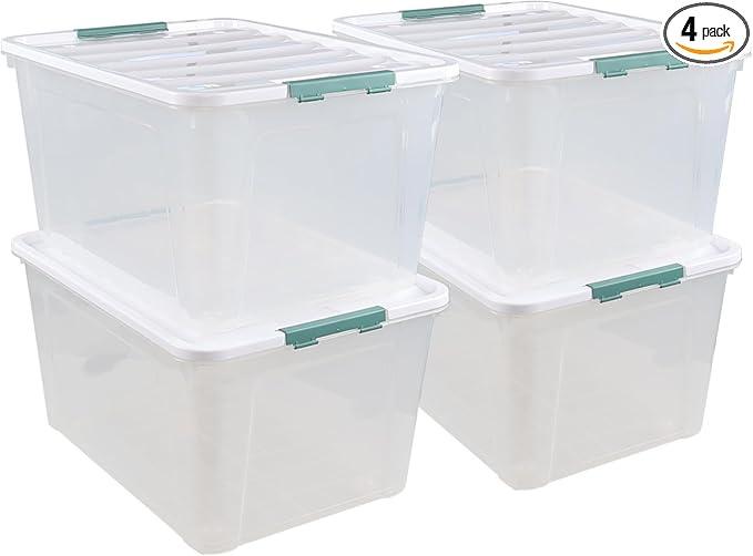 Readsky 85 Quart (21 Gallon) Clear Plastic Storage Bins with Wheels Large Latching Boxes with Lids 4 Packs