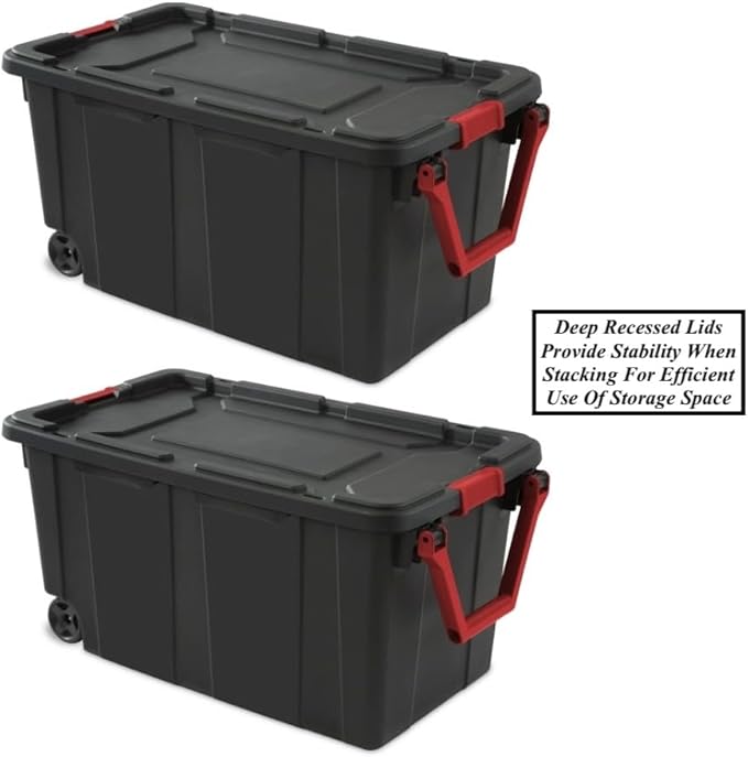 Black 40 Gallon Lidded Storage Bins Plastic Storage Tote With Ergonomic Handle And 2 Wheels Heavy Duty Design Perfect For Storing Camping Equipment Sports Gear Tools Workshop Supplies