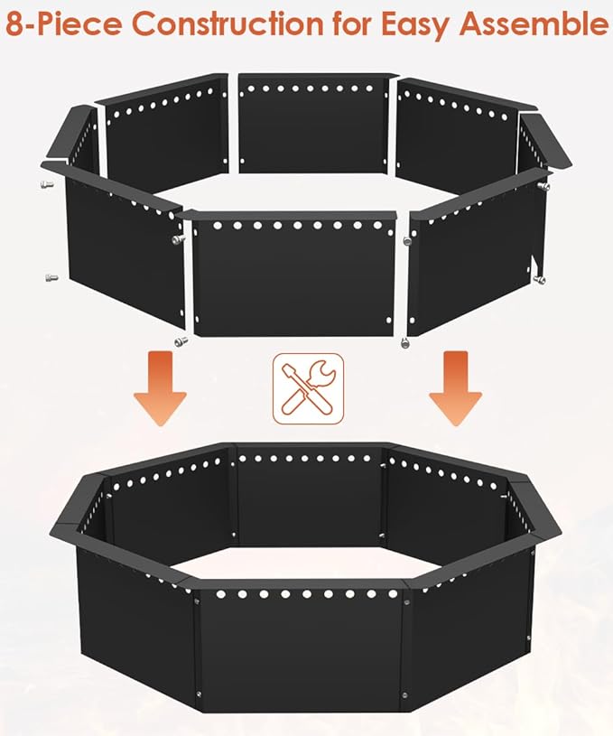 Mocomax Smokeless Fire Pit Ring 40-Inch Outer 36-Inch Inner Diameter Large Solid Steel Firepit Liner for Outside Wood Burning DIY Campfire Ring Above or In-Ground for Outdoor Octagonal