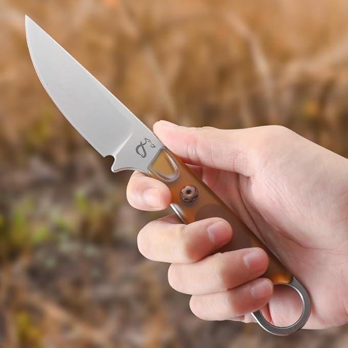 Fixed Blade Knife with Sheath3.22inch N690 Steel Blade KnivesEDC Knife Ergonomic PEI Handle with Full Tang Design Knives for OutdoorGift for Men&ampWomen(Yellowish-brown)