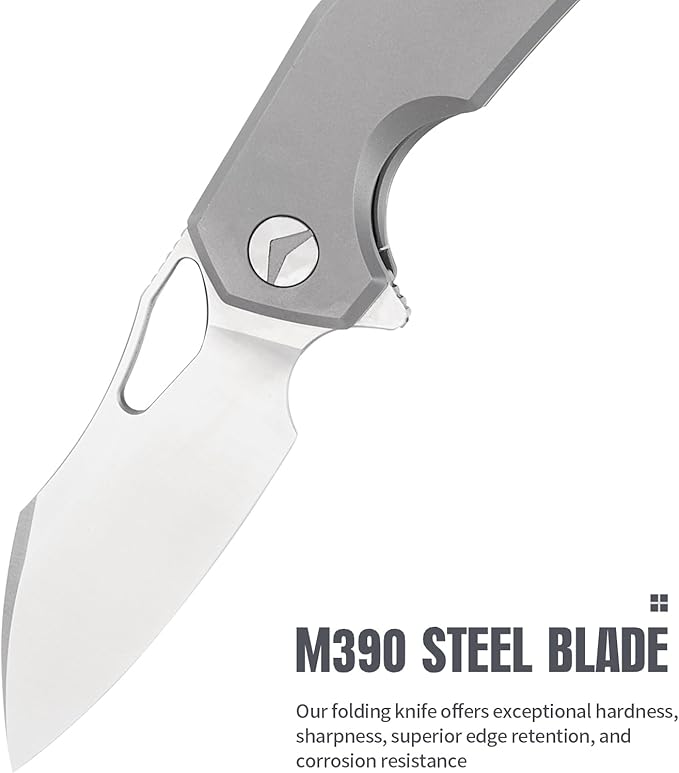 Folding Pocket Knife With Clip - M390 Steel Titanium Handle for EDC Camping Hiking Survival Hunting - Sheath Included Gifts for Men (Grey)