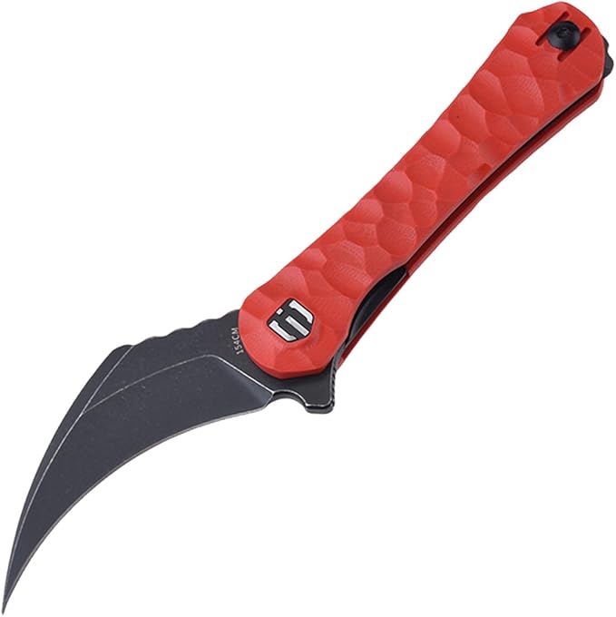 SHIELDON Scythe(XL) Folding Knife 154CM Steel Titanium Coating 2.92 Hawkbill Point Blade Pocket Knife with Red G10 Handle and Reversible Wire Clip