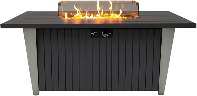 SereneLife 52 Inch Gas Fire Pit Table 50000 BTU Propane Pits for Outside with Steel Lid and Lava Rock 2 in 1 Firepit Table Gatherings Parties on Patio Deck Garden Backyard