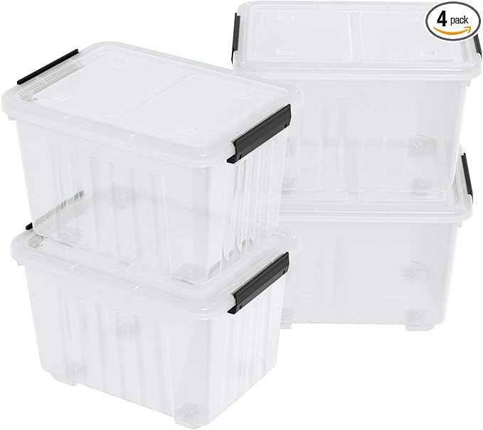 30 Quart Clear Plastic Storage Bin with Lid Stackable Latching Boxes with Wheels 4-Pack