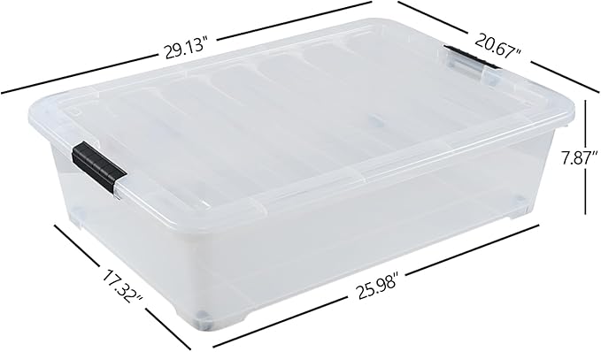 50 Quart Large Clear Underbed Boxes with Wheels Stackable Plastic Storage Bin with Lids 3 Packs