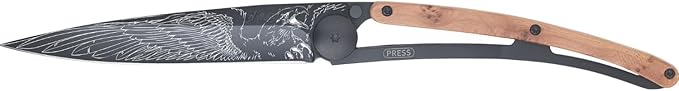 deejo - 37G Folding Pocket Knife with Belt Clip - Eagle Design 3.7-Inch Stainless Steel Blade Black Titanium Finish Juniper Wood Handle - Lightweight Everyday Carry for Home Work and Outdoor Use