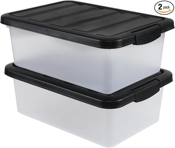 14 Quart Clear Plastic Storage Bins with Black Latching Lid 2-Pack Plastic Stackable Organizer Boxes