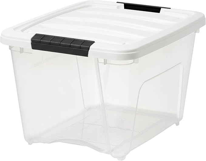 IRIS USA 19 Qt Stackable Plastic Storage Bins with Lids 12 Pack - BPA-Free Made in USA - See-Through Organizing Solution Latches Durable Nestable Containers Secure Pull Handle - Clear/White