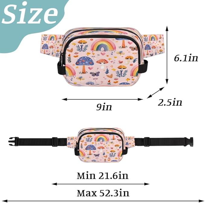 Hand Painted Mushroom Butterfly Flower Waterproof Fanny Pack for Women Men Adjustable Waist Bag with Double Zipper Pockets Lightweight Square Hip Pack for Running Travel Hiking Workout Cycling
