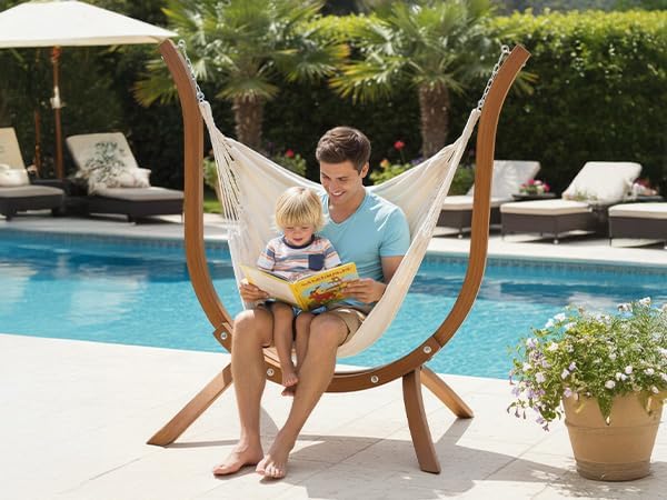 ONCLOUD Hammock Chair with Wooden Stand Curved Hanging Chair Set with Throw Pillow Portable Wooden Hammock Chair for Outdoors 330LBS (Teak)