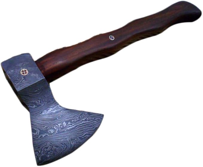 Damascus Steel Log Splitter Axe 14.5 Inches Long Hand Forged with Rose Wood Round Handle Bearded Hiking Battle Axe Thick Cow Hide Leather Sheath