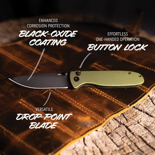 OUTDOOR EDGE Dirk 3.25 Black Drop Point Blade - Green Aluminium Scales Handle with Button Lock Operation Ambidextrous Opening Perfect for Men &amp Women Lightweight for Camping Fishing &amp Hunt