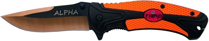 THIRD Assisted Folding Knife Alpha 60221O Black and Orange Two-Tone Aluminium Handle Shield in Soft Plastic. 9.5 cm Black Stainless Steel Blade with Orange Anodized Cut. Clip and Sheath
