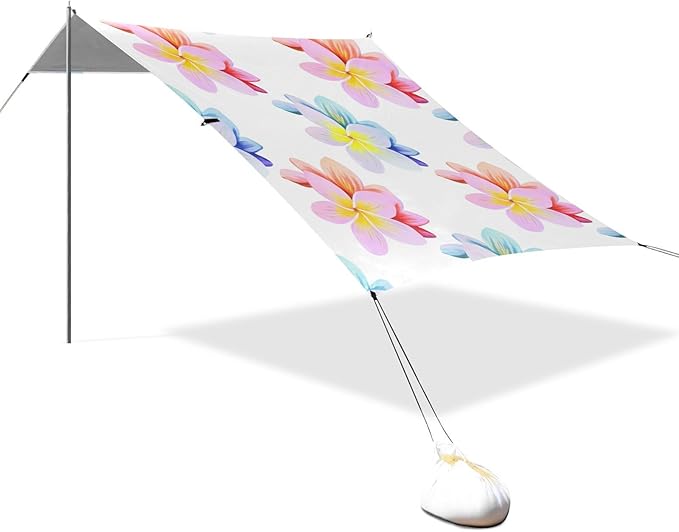 Beach Canopy with Windproof Ropes &amp Sandbags Beach Tent Sun Shade Sun Shelter for Camping Trips Fishing Backyard Fun or Picnics Plumeria Flowers